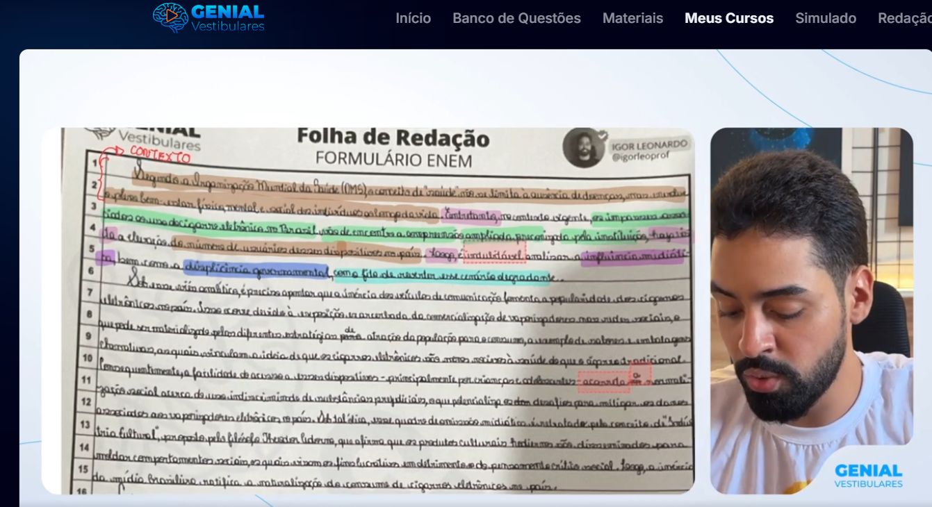 Print da aula ao vivo — correção de redação no quadro