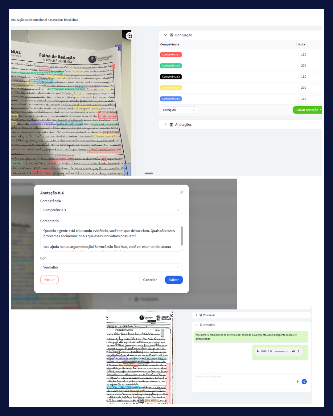 Print da plataforma de correção com anotações coloridas e comentários