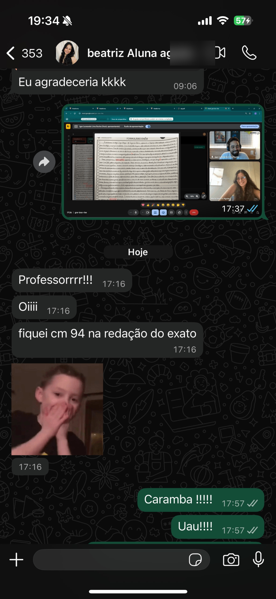 Print de WhatsApp: aluna Beatriz comemorando nota 94 na redação do EXATO