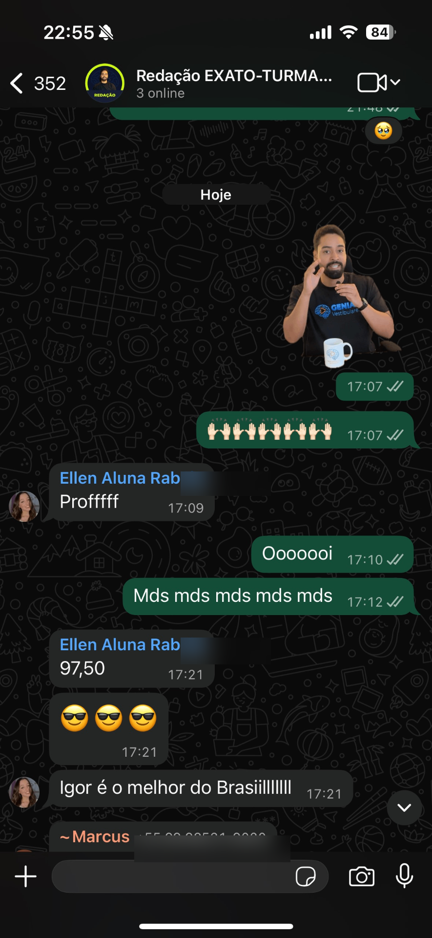 Print de WhatsApp: aluna Ellen comemorando nota 97,5 na redação do EXATO