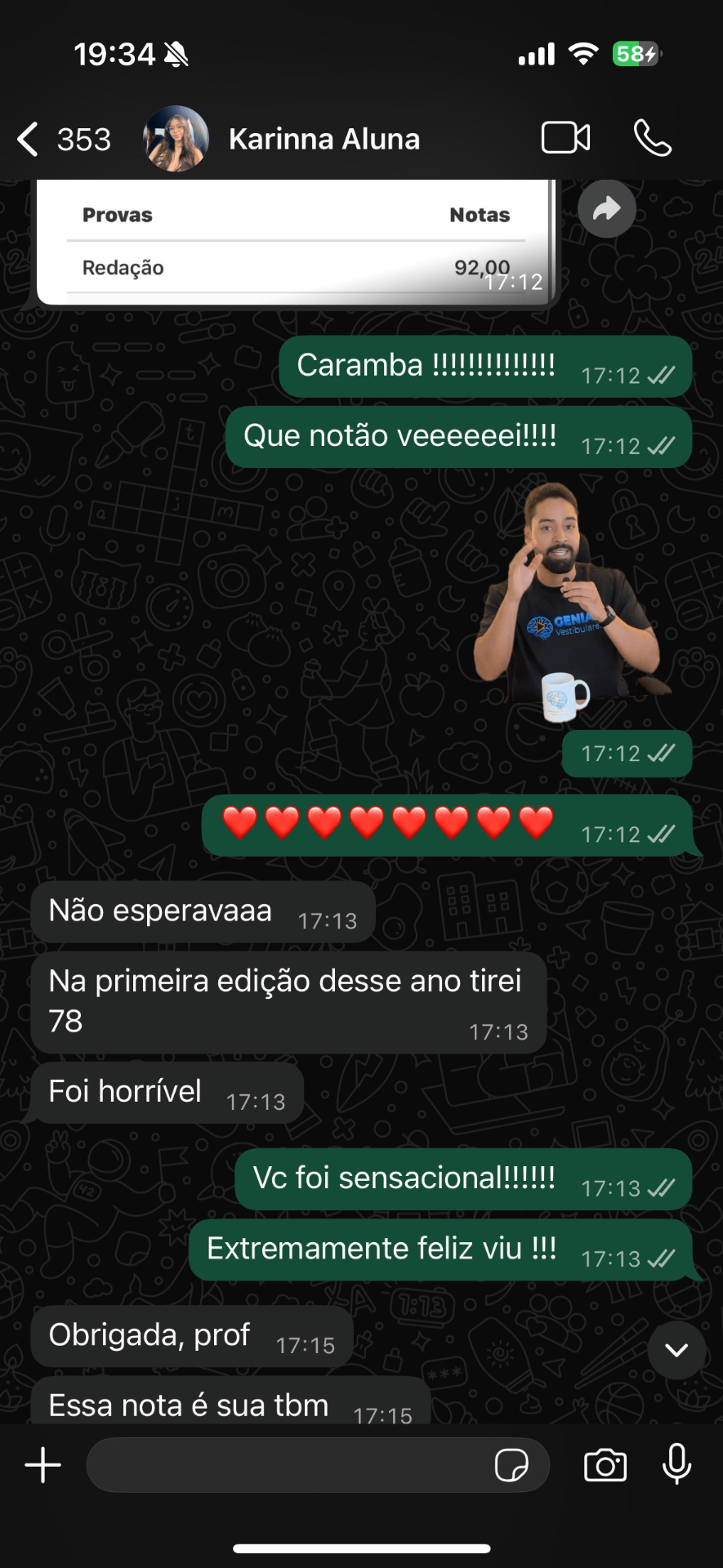 Print de WhatsApp: aluna Karinna comemorando nota 92 na redação do EXATO