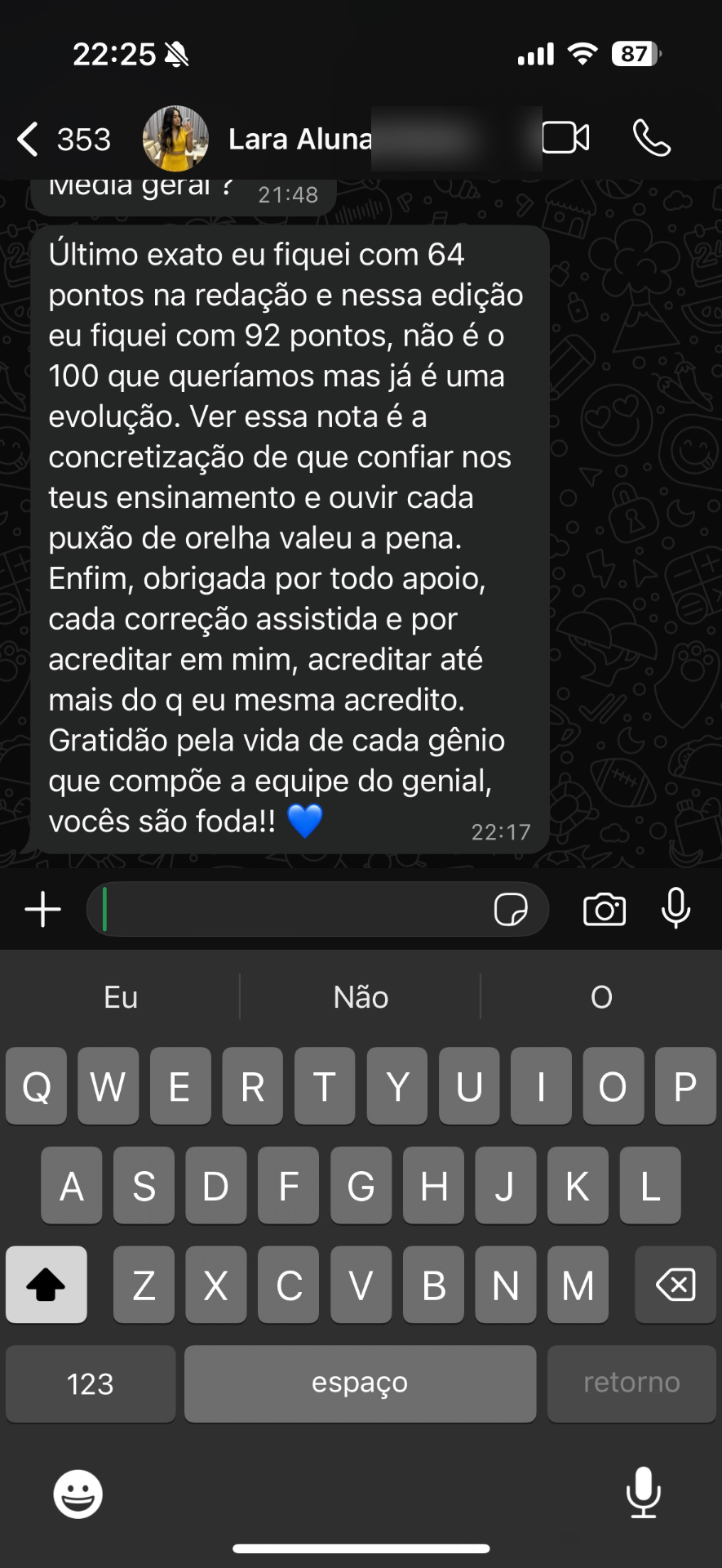Print de WhatsApp: aluna Lara comemorando nota 92 na redação do EXATO, evoluindo de 64