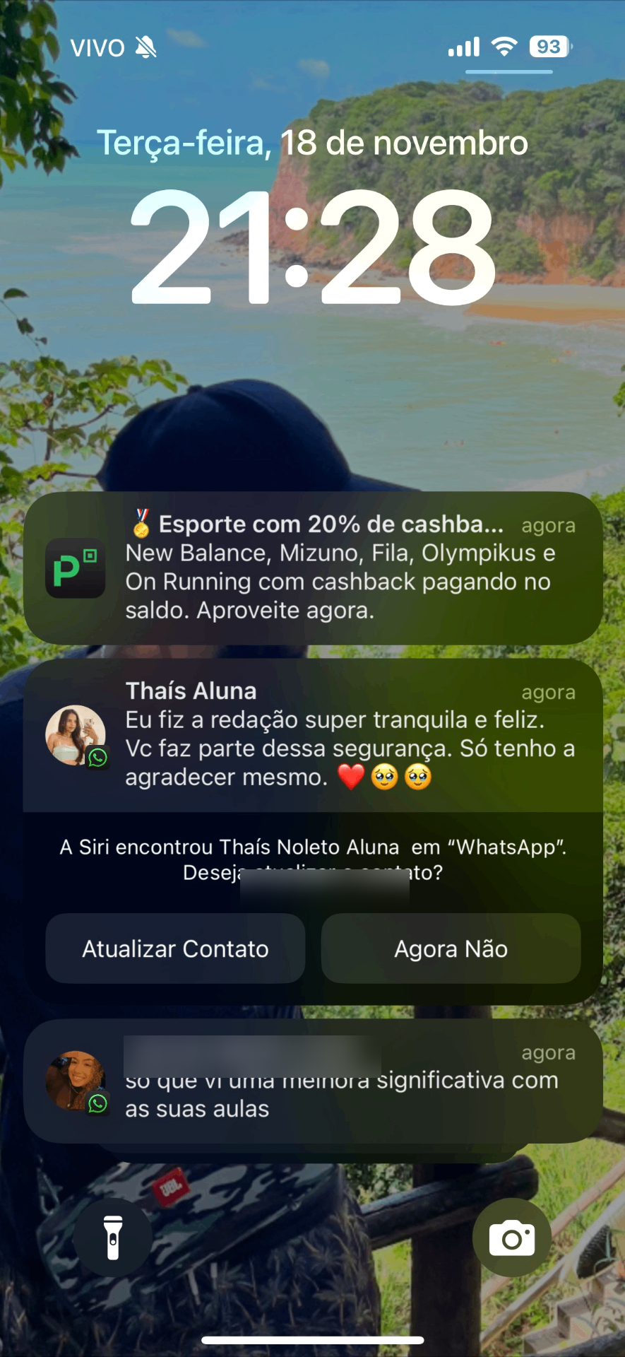 Print de WhatsApp: aluna Thaís agradecendo o professor pela segurança na redação